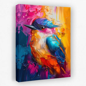 a painting of a colorful bird on a canvas