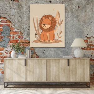 a picture of a lion on a wall above a sideboard