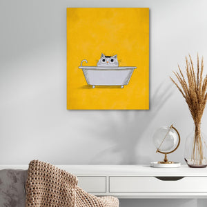 a cat sitting in a bathtub with a yellow background