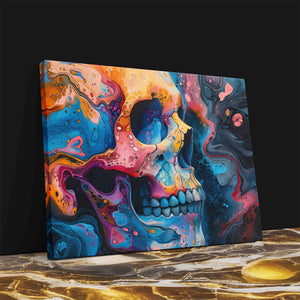 a painting of a colorful skull on a black background