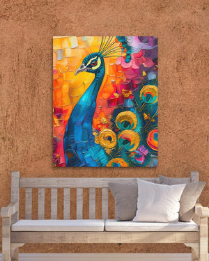 a painting of a peacock on a wall next to a bench