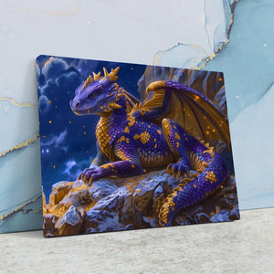 a blue and yellow dragon sitting on a rock