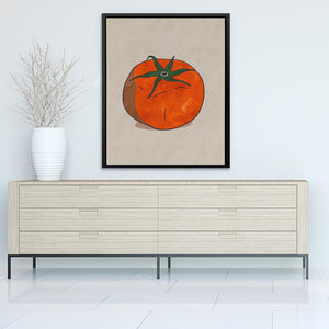 a painting of a tomato on a wall above a dresser