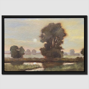 a painting of a river with trees in the background