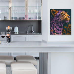 a painting of a leopard in a kitchen