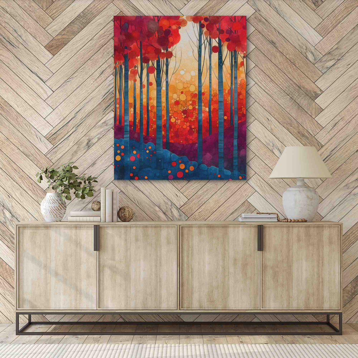 a painting hanging on a wall above a dresser