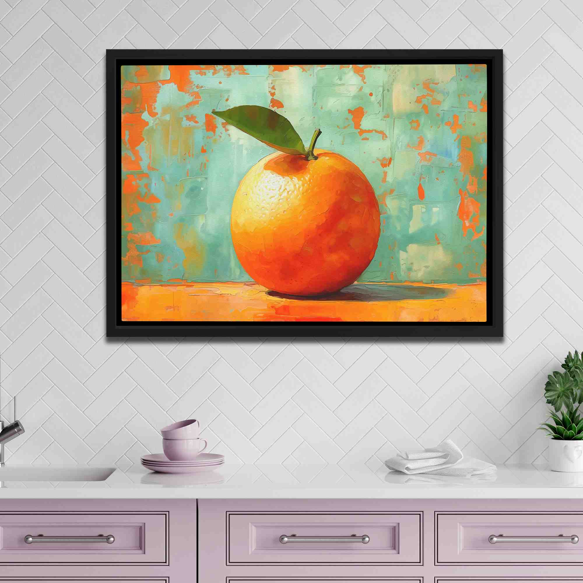 a painting of an orange on a table
