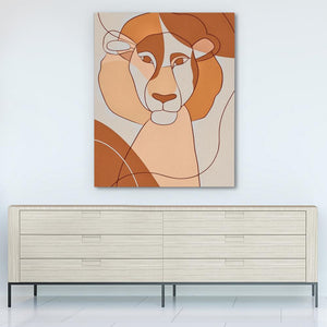 a painting of a lion on a wall above a dresser