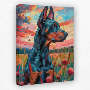 a painting of a doberman in a field of poppies