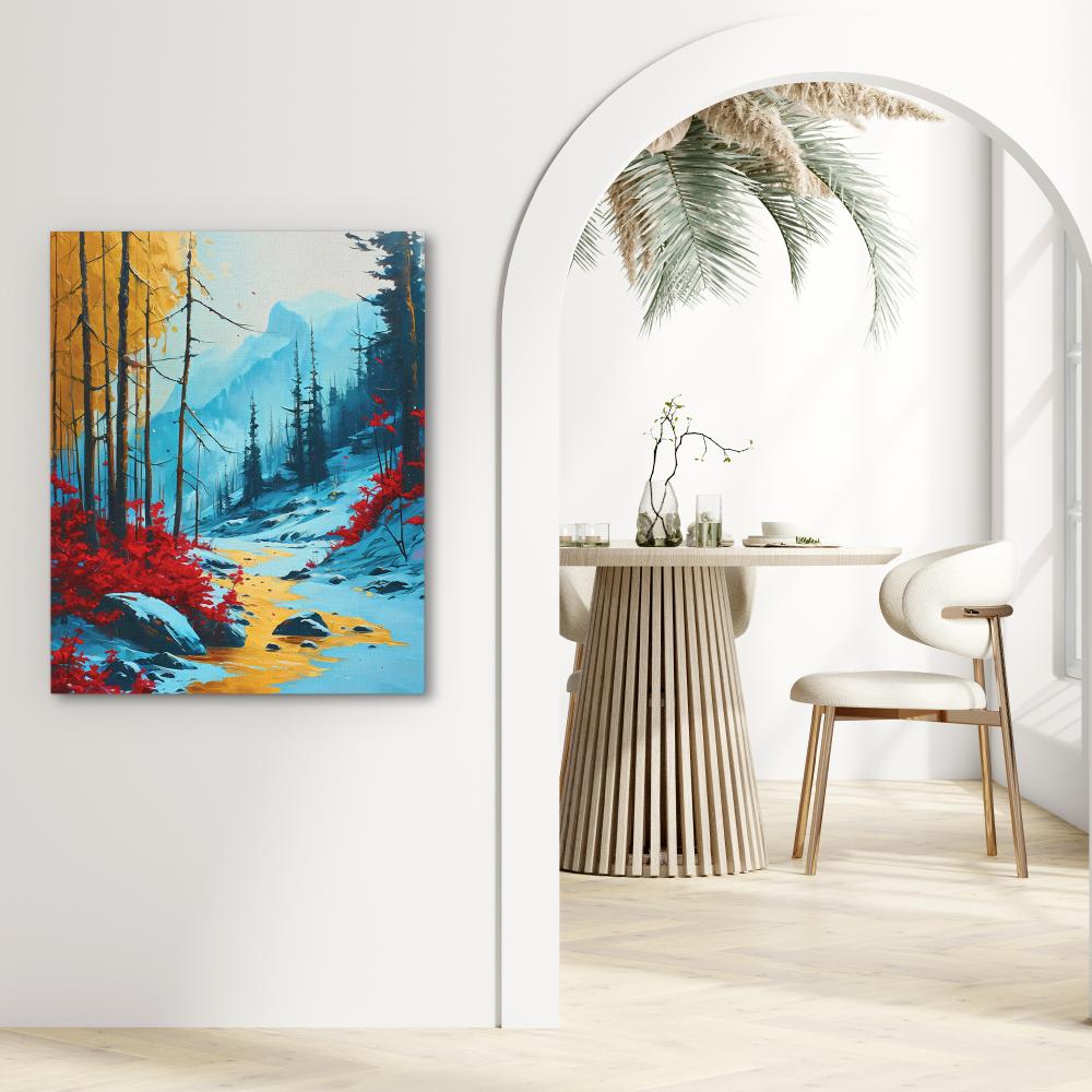 a painting hanging on a wall next to a table