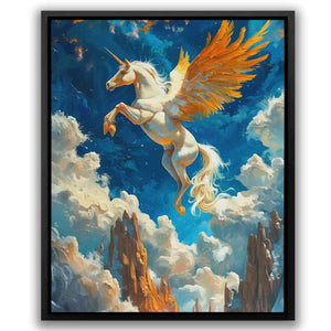 a painting of a white unicorn flying through the sky
