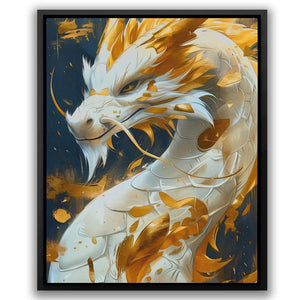 a painting of a white dragon with yellow feathers