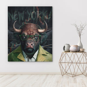 a painting of a bull wearing glasses in a room