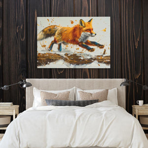 a painting of a fox on a wall above a bed