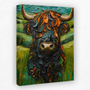 a painting of a bull in a field of grass