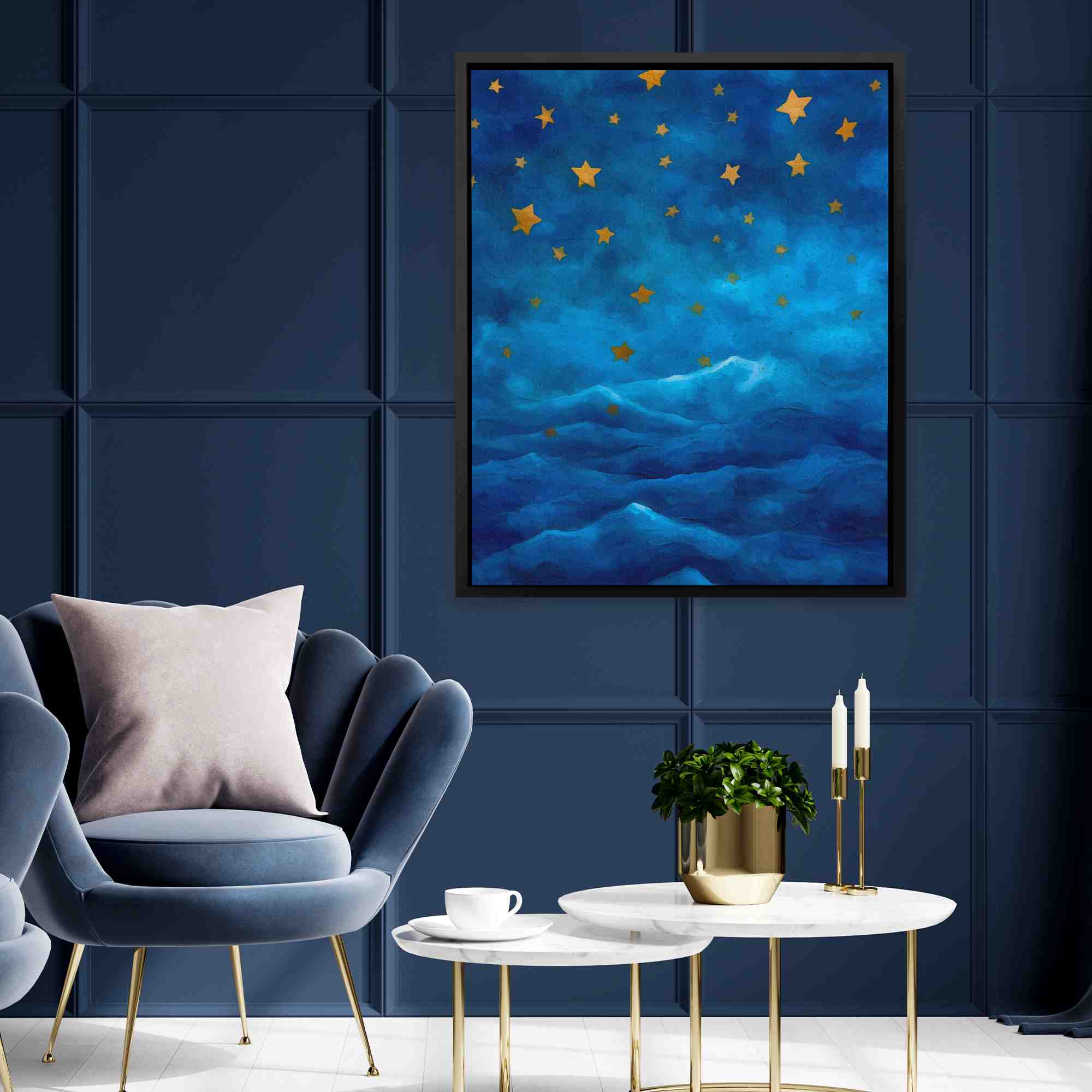 a painting of a night sky with gold stars