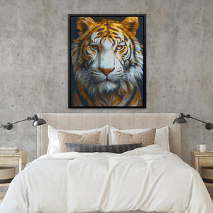 a picture of a tiger on a wall above a bed