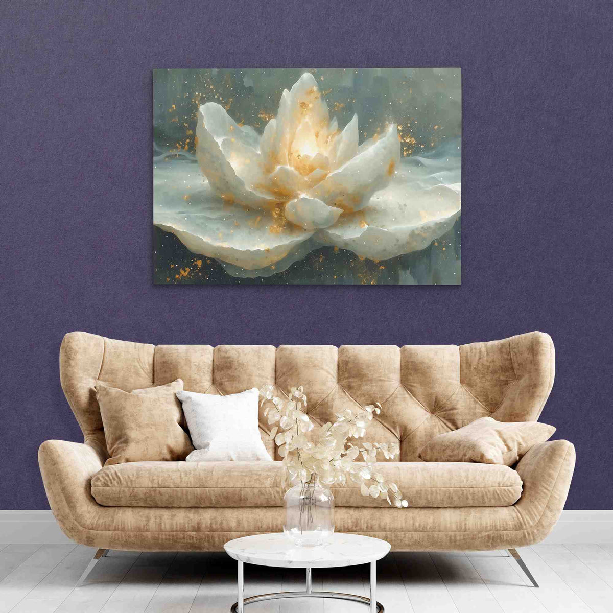 a living room with a couch and a painting on the wall