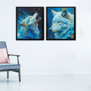 two paintings of two white wolfs on a white wall