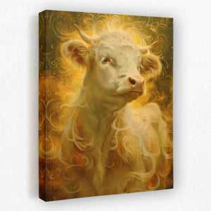a painting of a cow with a yellow background
