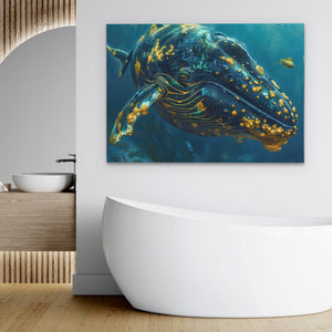 a painting of a humpback whale swimming in the ocean