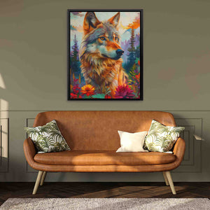 a painting of a wolf on a wall above a couch