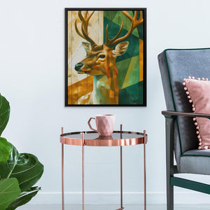 a painting of a deer on a wall next to a chair