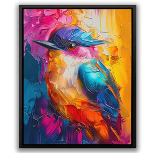 a painting of a colorful bird on a white background