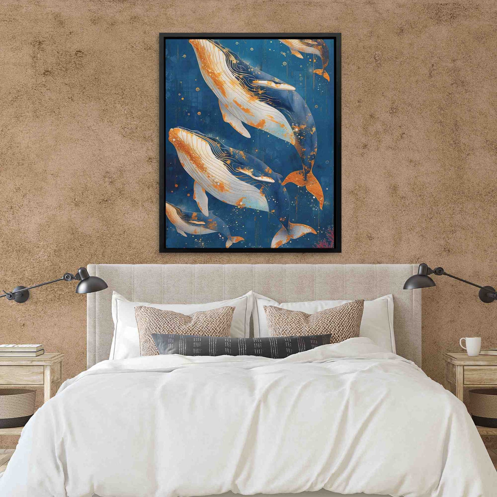 a bedroom with a large bed and a painting on the wall