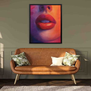 a painting of a woman's face on a wall above a couch