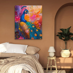 a painting of a peacock on a wall above a bed