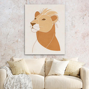 a picture of a lion on a wall above a couch