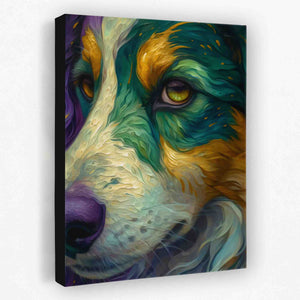a painting of a dog's face with yellow eyes