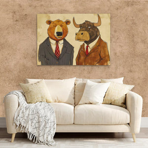 a living room with a couch and a painting of two bears