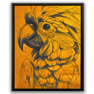 a painting of a yellow parrot with a black frame