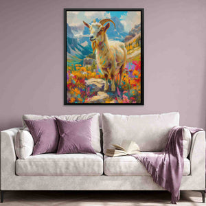 a painting of a goat on a purple wall