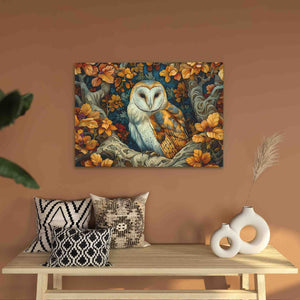 a painting of an owl sitting on top of a table