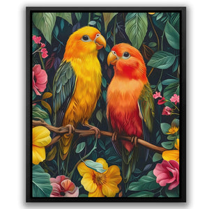 a painting of two colorful birds sitting on a branch