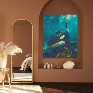 a painting of an orca in a room with a mirror