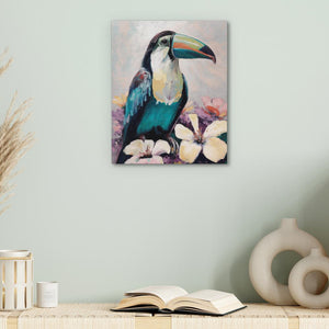 a painting of a toucan sitting on a shelf