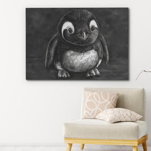 a black and white picture of an owl sitting on a chair