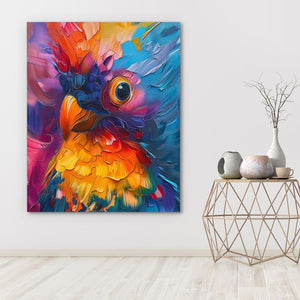 a painting of a colorful bird on a white wall