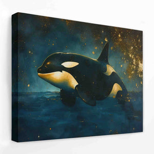 a painting of an orca whale floating in the ocean