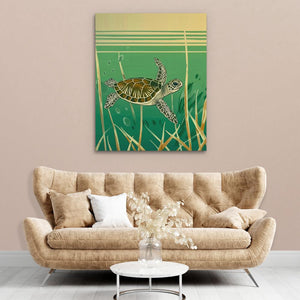 a living room with a couch and a turtle painting on the wall