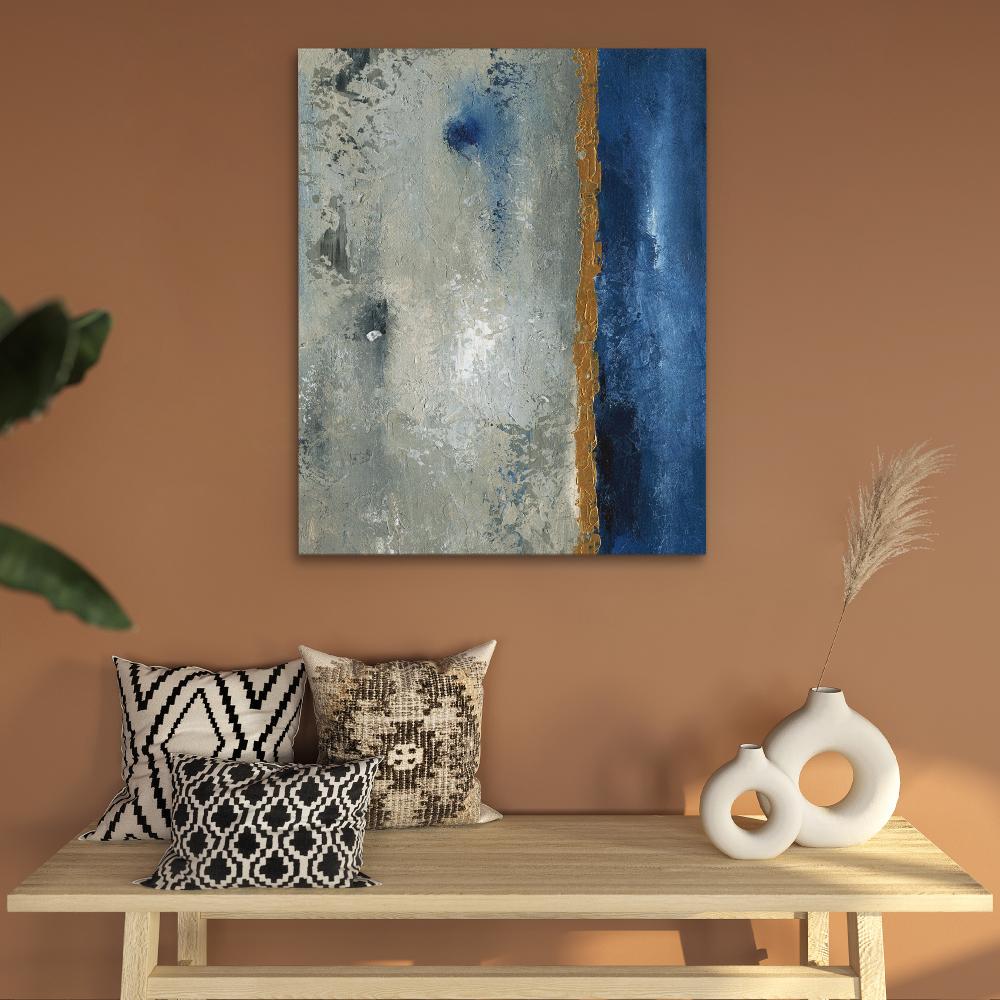 an abstract painting with blue and grey colors