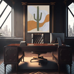 a desk with a laptop and a cactus on it