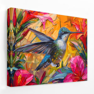 a painting of a hummingbird sitting on a flowery branch