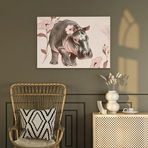 a picture of a hippopotamus on a wall above a wicker chair