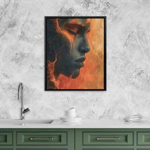 a painting of a woman's face on a wall above a sink