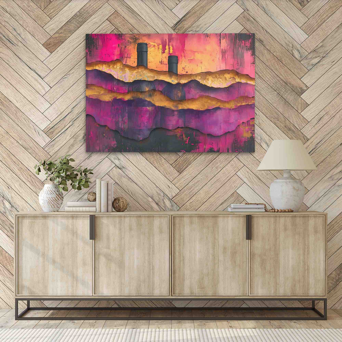 a painting hanging on a wall above a dresser